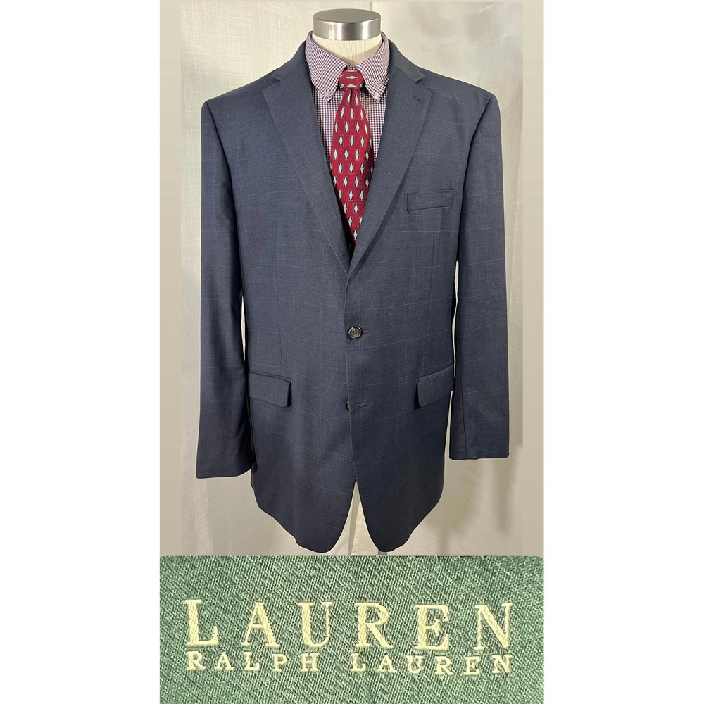 Lauren Ralph Lauren Mens Navy Windowpane 100%‎ Wool 2 Button Blazer Jacket 46L